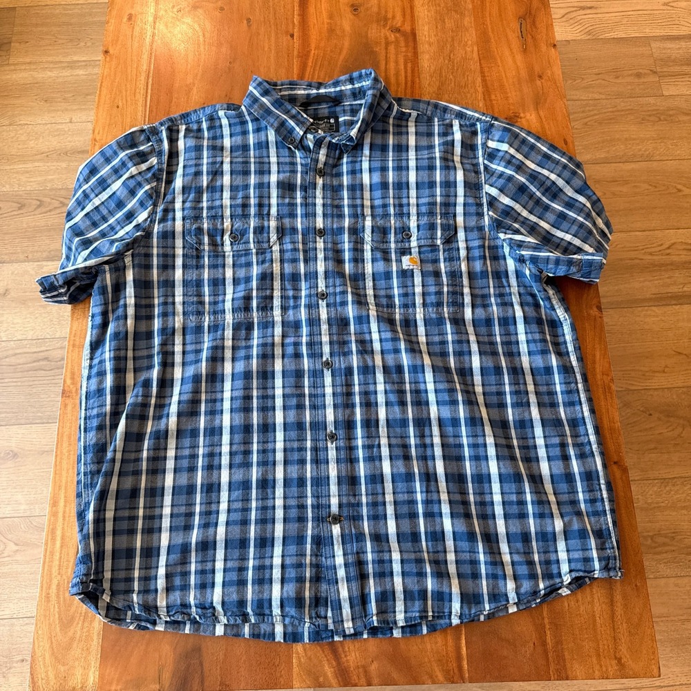 Carhartt Men's Blue/White Plaid‎ Loose Fit Short Sleeve Button Up Size 2XL